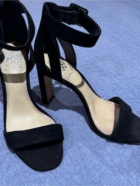 Vince Camuto Black Suede Ankle-Strap Block Heels
